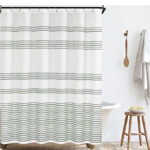jinchan White Fabric Shower Curtain with Green Stripes- Waterproof Bath 70x72”